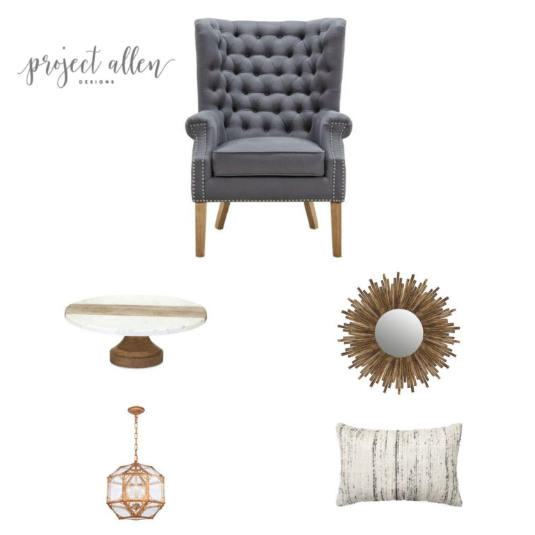 Home Decor Ideas, Tufted Chair. Marble Cake Stand, Sunburst Mirror.Textured Pillow, Brass pendant