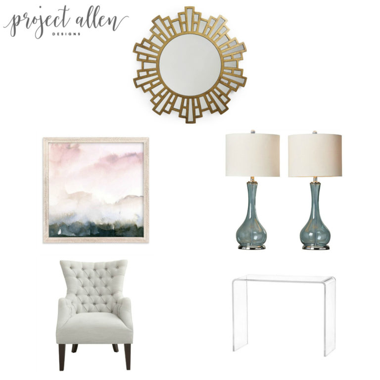 Friday Favorites, home decor ideas, teal lamp,gold mirror.wake print,tufted chair.acrylic console,