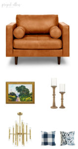 Friday Favorites. home decor ideas, modern decor, leather arm chair, oil paiting print, candle holders, pillows chandlier