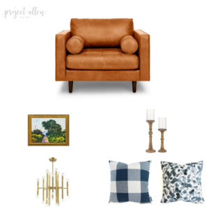 Friday Favorites. home decor ideas, modern decor, leather arm chair, oil paiting print, candle holders, pillows chandlier