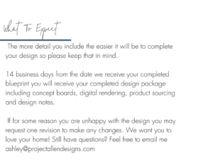 Project Allen Designs E- design packages give the average homeowner the ability to have a professionally designed space for a fraction of the cost! See our services page or feel free to contact us with any questions ashley@projectallendesigns.com