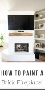 Learn how to paint a brick fireplace with this easy 3 step tutorial. Painted brick fireplace with rustic wood mantle and wall mounted tv, styled built-ins and boho outfit.